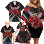 Essendon Bombers Australian Football Family Matching Off Shoulder Short Dress and Hawaiian Shirt Fierce Mosquito Pilot Mascot - Bold Team Colors