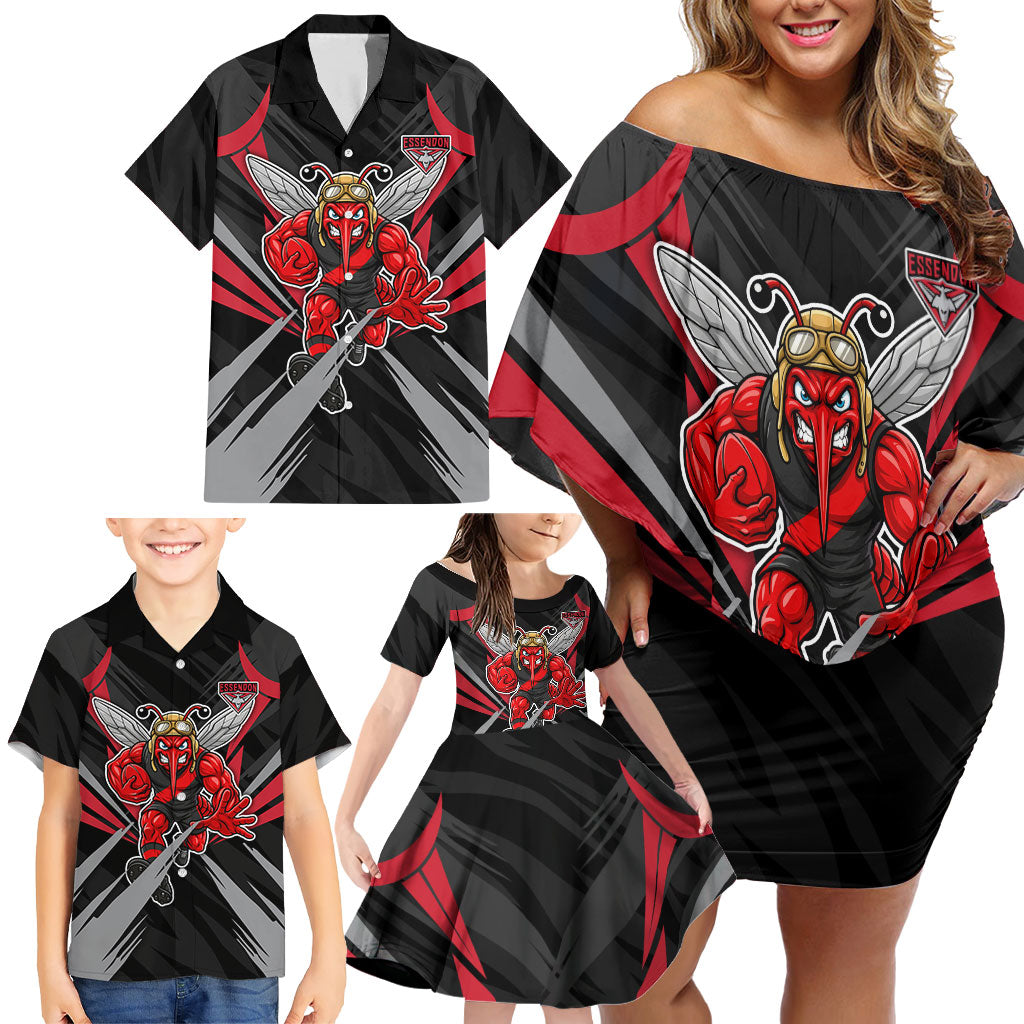 Essendon Bombers Australian Football Family Matching Off Shoulder Short Dress and Hawaiian Shirt Fierce Mosquito Pilot Mascot - Bold Team Colors