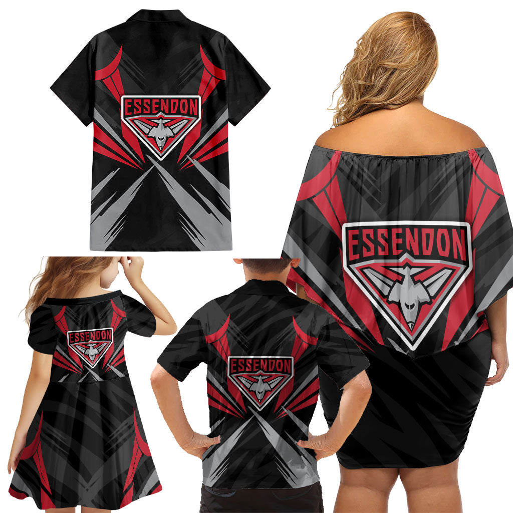 Essendon Bombers Australian Football Family Matching Off Shoulder Short Dress and Hawaiian Shirt Fierce Mosquito Pilot Mascot - Bold Team Colors