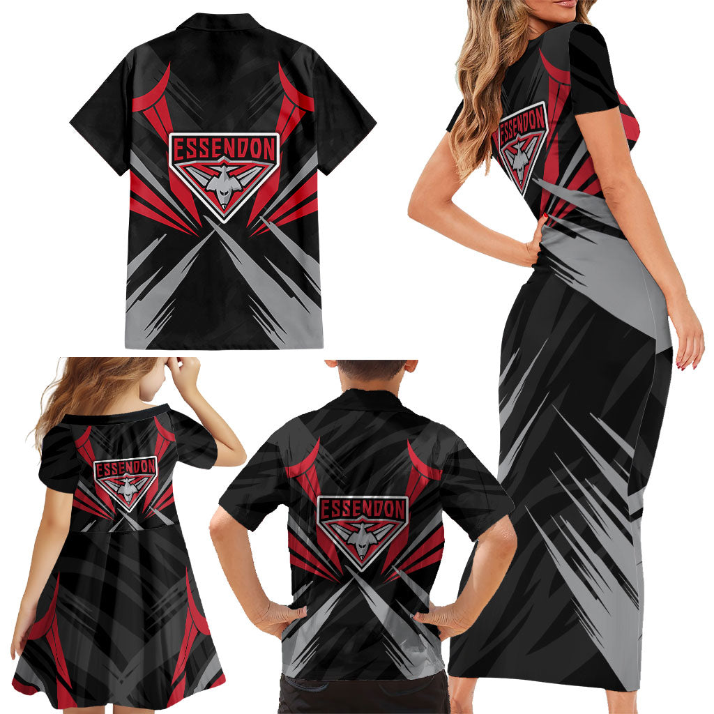 Essendon Bombers Australian Football Family Matching Short Sleeve Bodycon Dress and Hawaiian Shirt Fierce Mosquito Pilot Mascot - Bold Team Colors