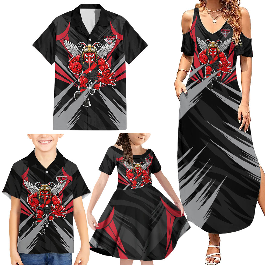 Essendon Bombers Australian Football Family Matching Summer Maxi Dress and Hawaiian Shirt Fierce Mosquito Pilot Mascot - Bold Team Colors