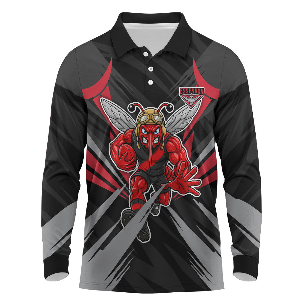 Essendon Bombers Australian Football Long Sleeve Polo Shirt Fierce Mosquito Pilot Mascot - Bold Team Colors