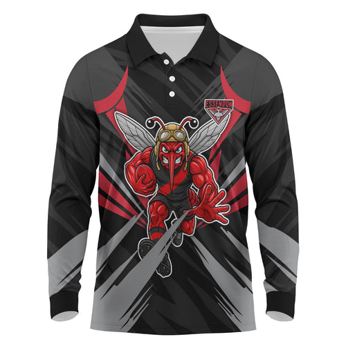 Essendon Bombers Australian Football Long Sleeve Polo Shirt Fierce Mosquito Pilot Mascot - Bold Team Colors