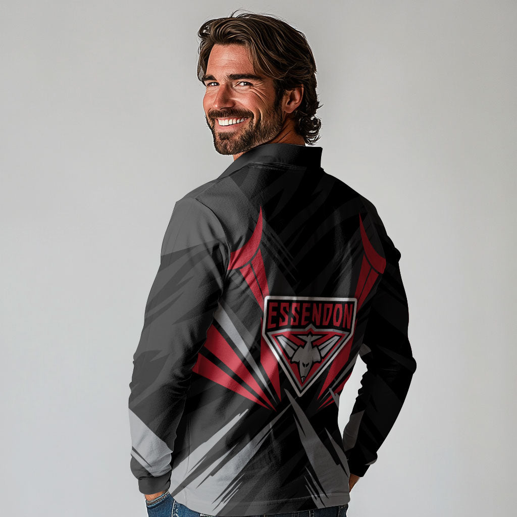 Essendon Bombers Australian Football Long Sleeve Polo Shirt Fierce Mosquito Pilot Mascot - Bold Team Colors