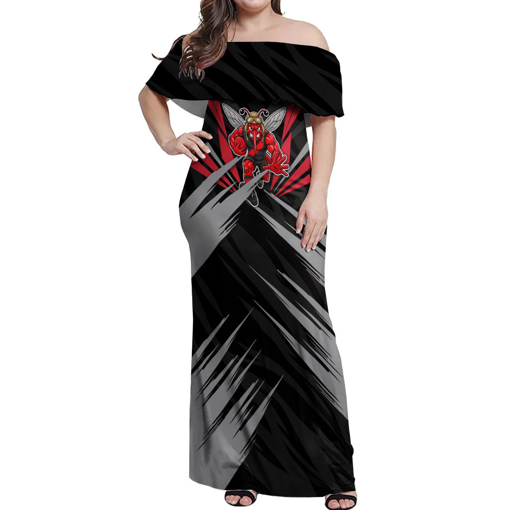 Essendon Bombers Australian Football Off Shoulder Maxi Dress Fierce Mosquito Pilot Mascot - Bold Team Colors