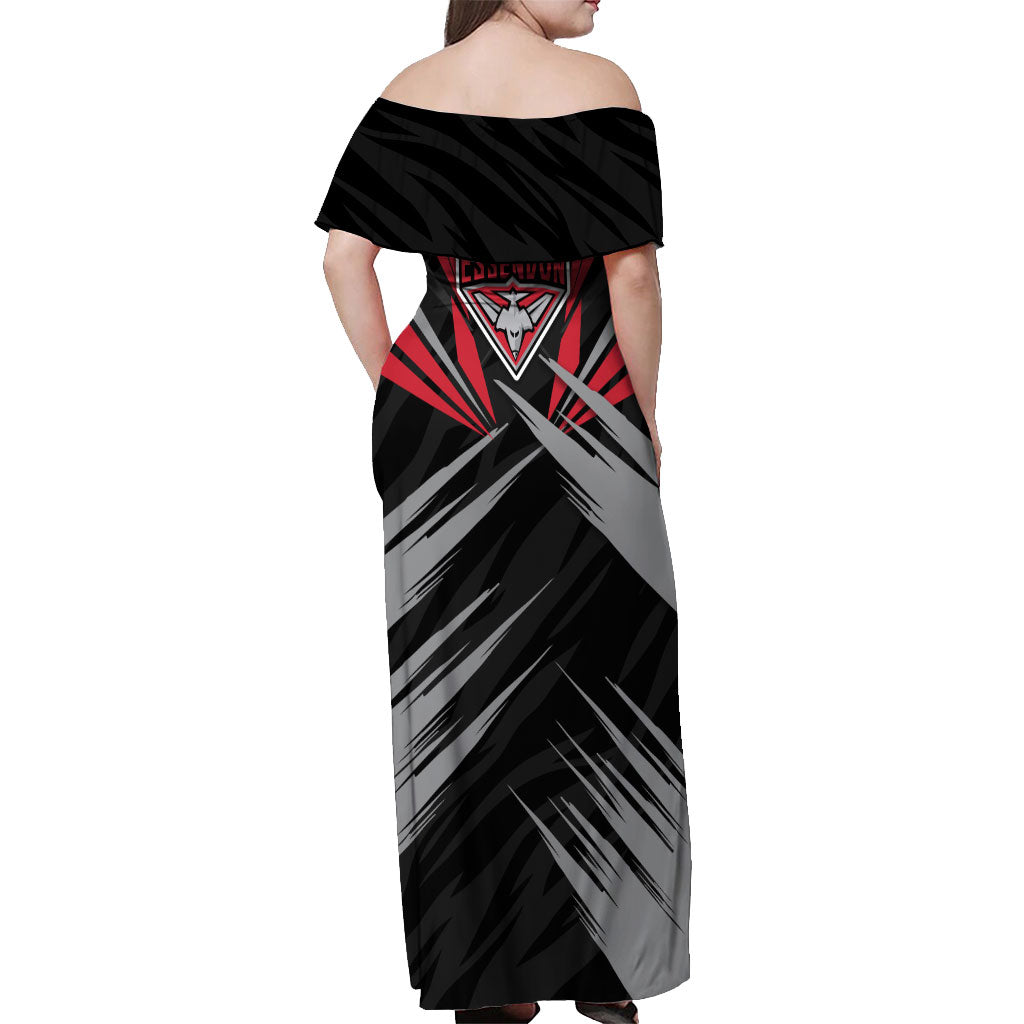 Essendon Bombers Australian Football Off Shoulder Maxi Dress Fierce Mosquito Pilot Mascot - Bold Team Colors