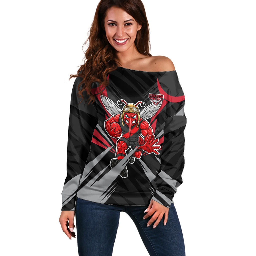 Essendon Bombers Australian Football Off Shoulder Sweater Fierce Mosquito Pilot Mascot - Bold Team Colors