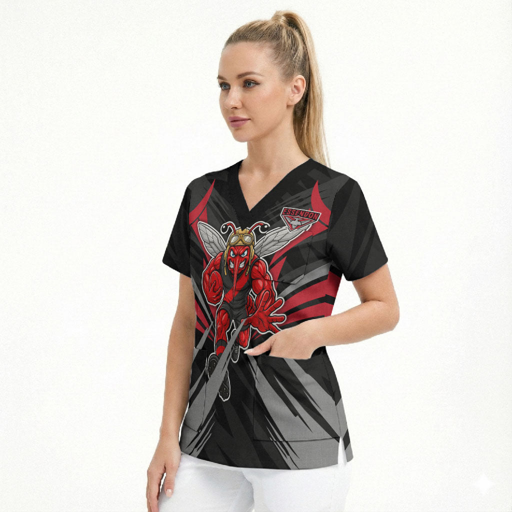Essendon Bombers Australian Football Scrub Top Fierce Mosquito Pilot Mascot - Bold Team Colors
