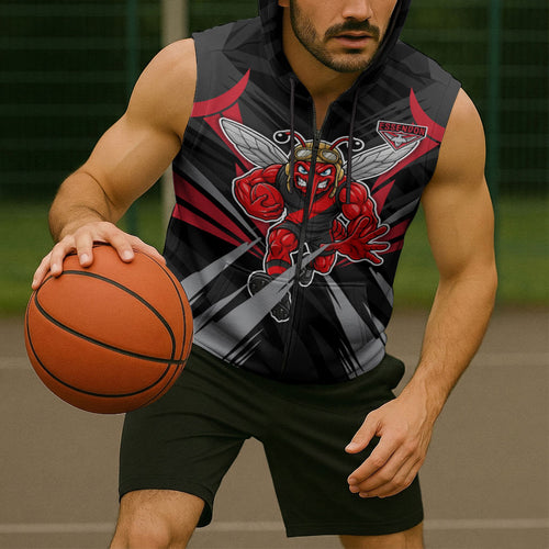 Essendon Bombers Australian Football Sleeveless Zip Hoodie Fierce Mosquito Pilot Mascot - Bold Team Colors