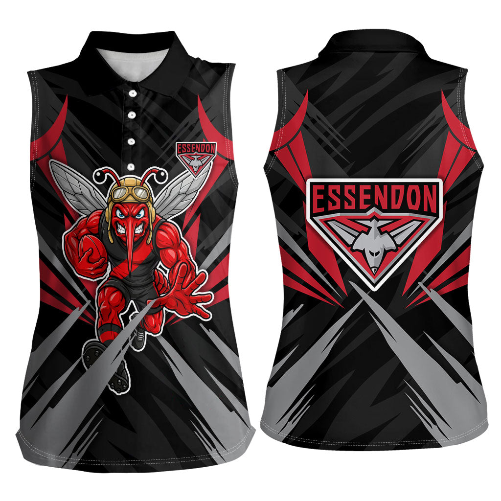 Essendon Bombers Australian Football Women Sleeveless Polo Shirt Fierce Mosquito Pilot Mascot - Bold Team Colors