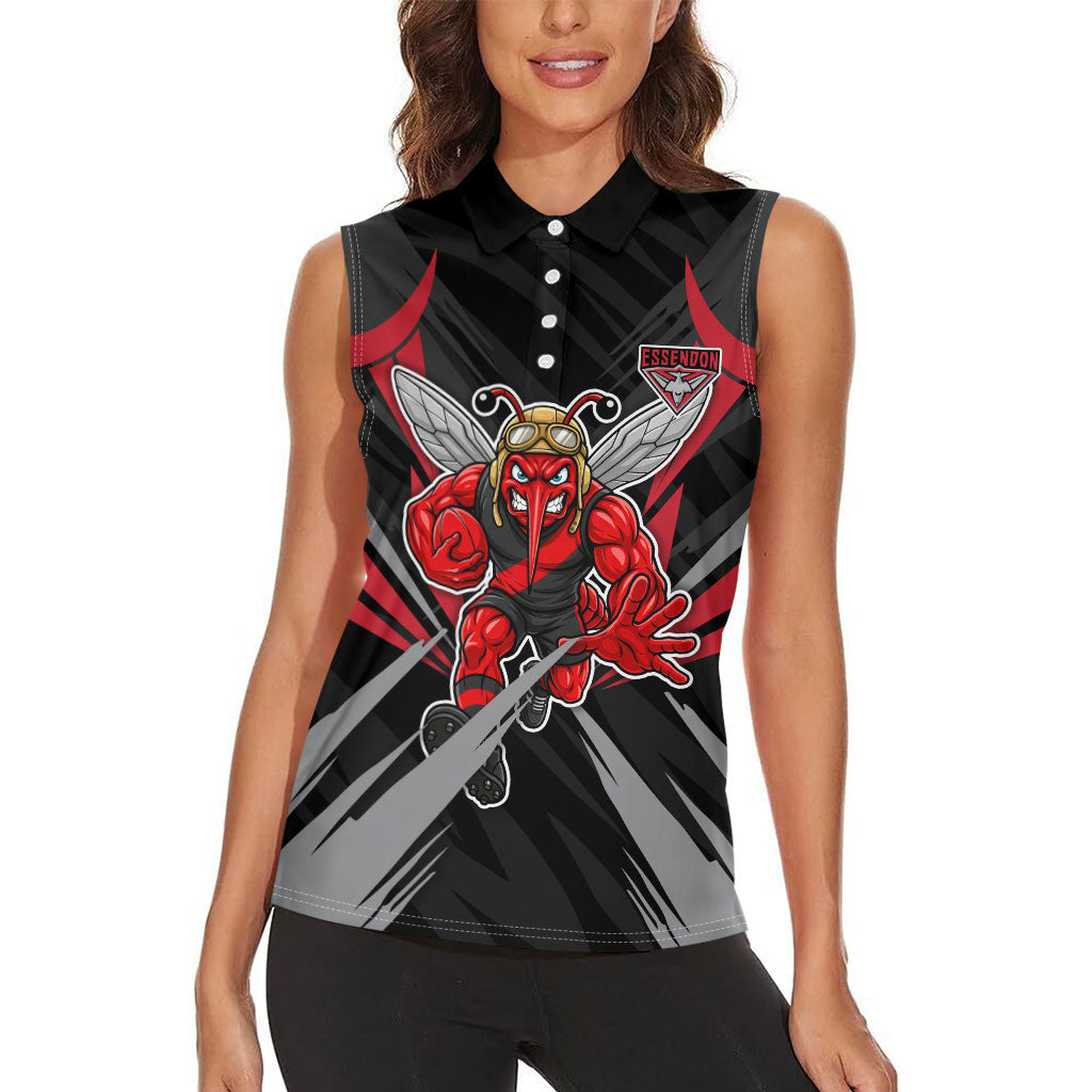 Essendon Bombers Australian Football Women Sleeveless Polo Shirt Fierce Mosquito Pilot Mascot - Bold Team Colors