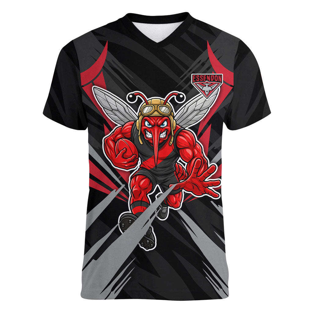 Essendon Bombers Australian Football Women V-Neck T-Shirt Fierce Mosquito Pilot Mascot - Bold Team Colors