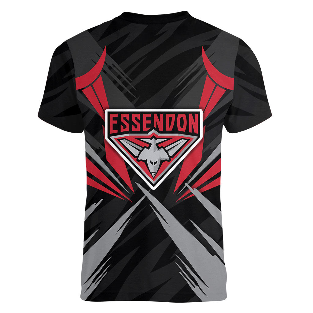 Essendon Bombers Australian Football Women V-Neck T-Shirt Fierce Mosquito Pilot Mascot - Bold Team Colors