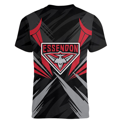 Essendon Bombers Australian Football Women V-Neck T-Shirt Fierce Mosquito Pilot Mascot - Bold Team Colors