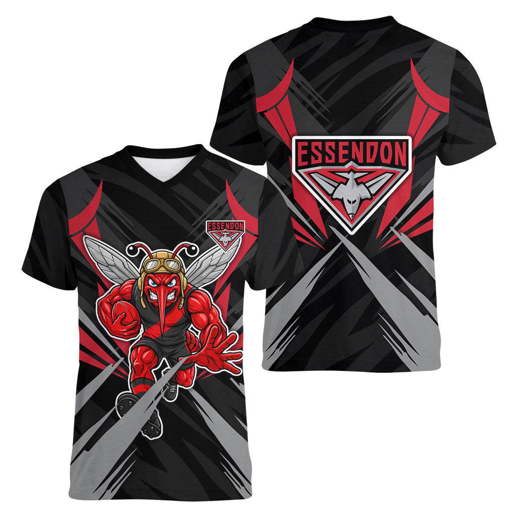 Essendon Bombers Australian Football Women V-Neck T-Shirt Fierce Mosquito Pilot Mascot - Bold Team Colors