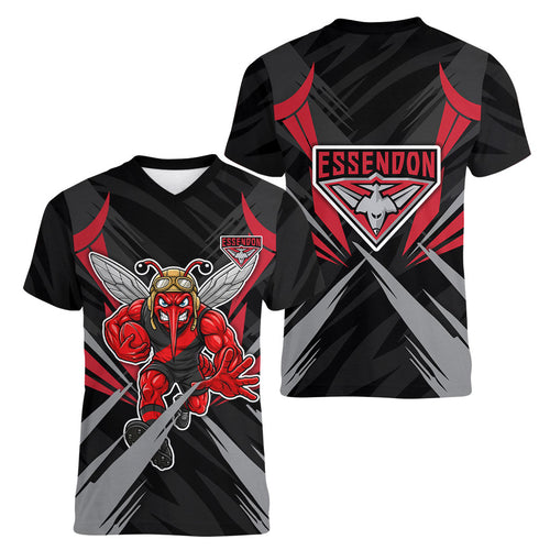 Essendon Bombers Australian Football Women V-Neck T-Shirt Fierce Mosquito Pilot Mascot - Bold Team Colors
