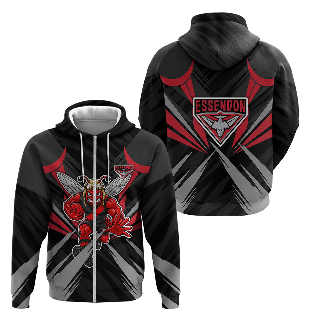 Essendon Bombers Australian Football Zip Hoodie Fierce Mosquito Pilot Mascot - Bold Team Colors