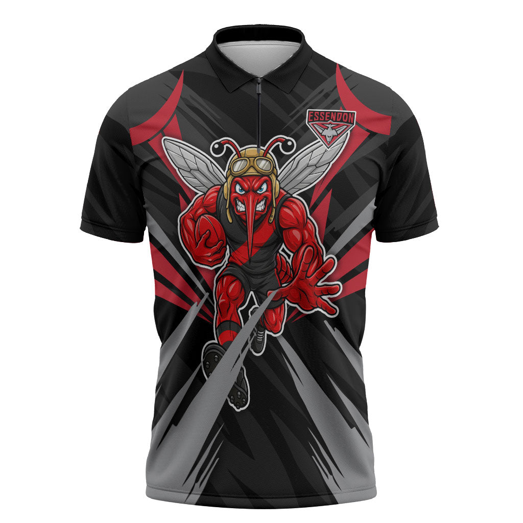 Essendon Bombers Australian Football Zipper Polo Shirt Fierce Mosquito Pilot Mascot - Bold Team Colors