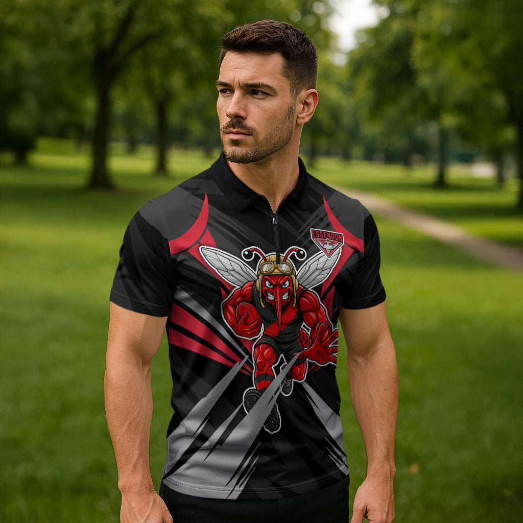 Essendon Bombers Australian Football Zipper Polo Shirt Fierce Mosquito Pilot Mascot - Bold Team Colors