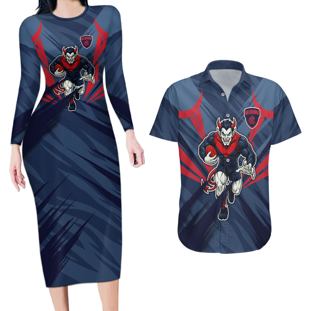 Melbourne Demons Australian Football Couples Matching Long Sleeve Bodycon Dress and Hawaiian Shirt Fierce Devil Mascot - Bold Team Colors