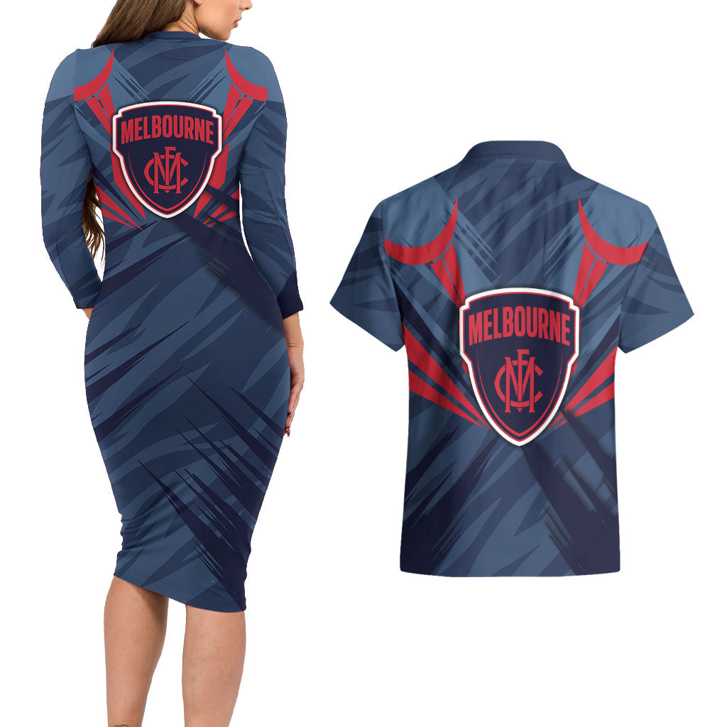 Melbourne Demons Australian Football Couples Matching Long Sleeve Bodycon Dress and Hawaiian Shirt Fierce Devil Mascot - Bold Team Colors