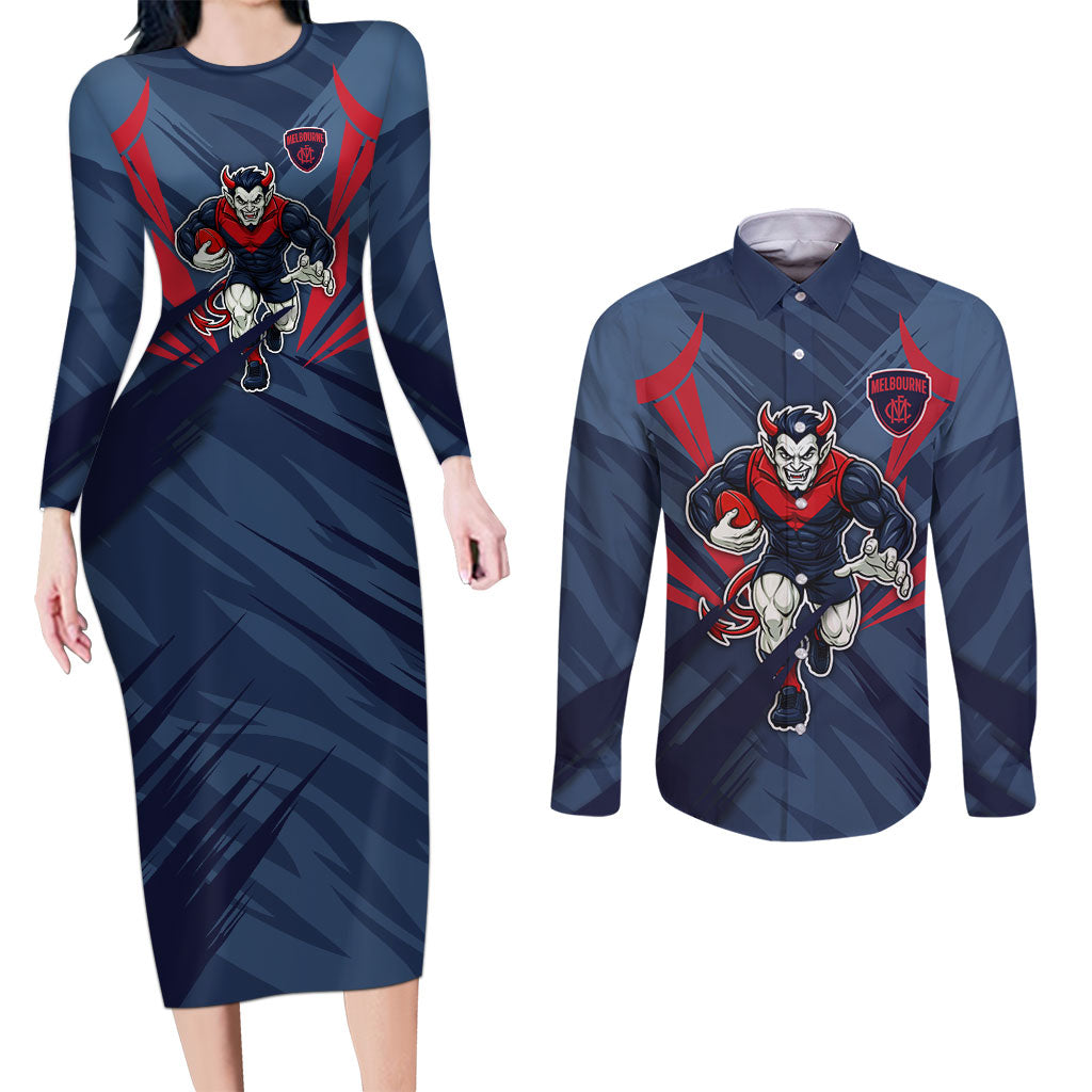 Melbourne Demons Australian Football Couples Matching Long Sleeve Bodycon Dress and Long Sleeve Button Shirt Fierce Devil Mascot - Bold Team Colors