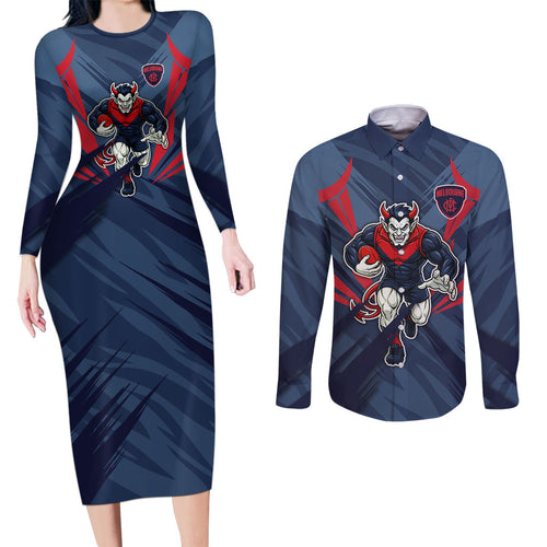 Melbourne Demons Australian Football Couples Matching Long Sleeve Bodycon Dress and Long Sleeve Button Shirt Fierce Devil Mascot - Bold Team Colors