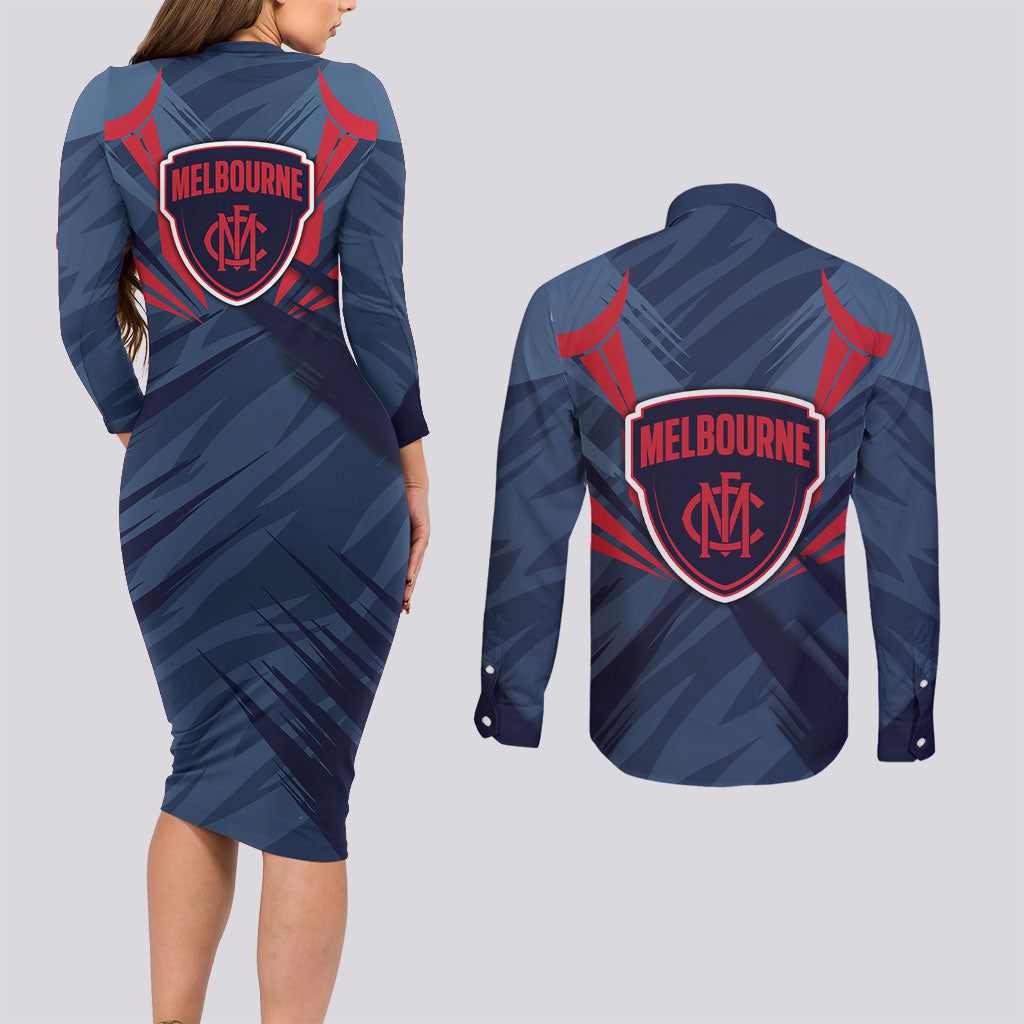 Melbourne Demons Australian Football Couples Matching Long Sleeve Bodycon Dress and Long Sleeve Button Shirt Fierce Devil Mascot - Bold Team Colors