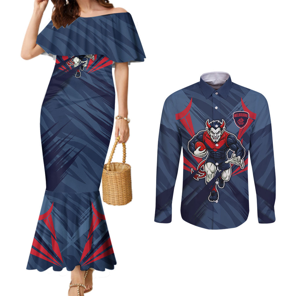 Melbourne Demons Australian Football Couples Matching Mermaid Dress and Long Sleeve Button Shirt Fierce Devil Mascot - Bold Team Colors