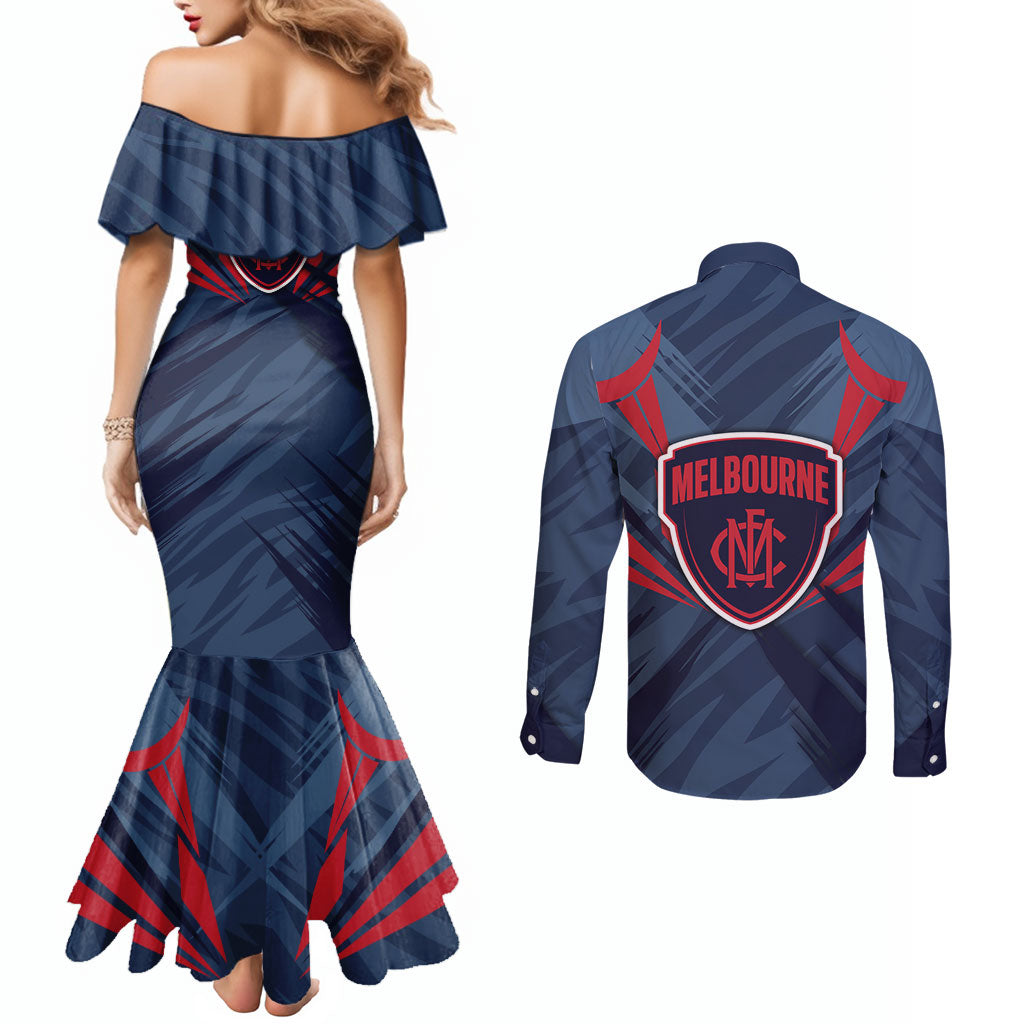 Melbourne Demons Australian Football Couples Matching Mermaid Dress and Long Sleeve Button Shirt Fierce Devil Mascot - Bold Team Colors