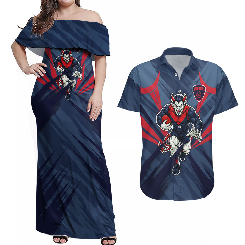 Melbourne Demons Australian Football Couples Matching Off Shoulder Maxi Dress and Hawaiian Shirt Fierce Devil Mascot - Bold Team Colors