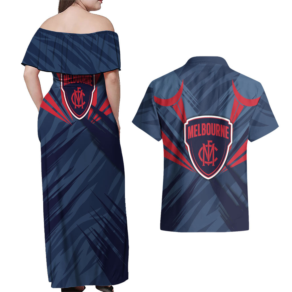 Melbourne Demons Australian Football Couples Matching Off Shoulder Maxi Dress and Hawaiian Shirt Fierce Devil Mascot - Bold Team Colors