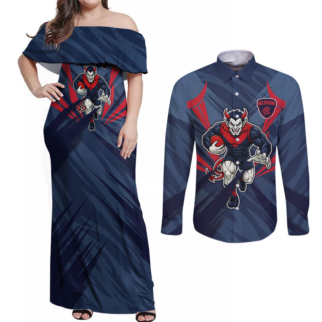 Melbourne Demons Australian Football Couples Matching Off Shoulder Maxi Dress and Long Sleeve Button Shirt Fierce Devil Mascot - Bold Team Colors
