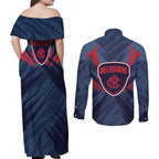 Melbourne Demons Australian Football Couples Matching Off Shoulder Maxi Dress and Long Sleeve Button Shirt Fierce Devil Mascot - Bold Team Colors