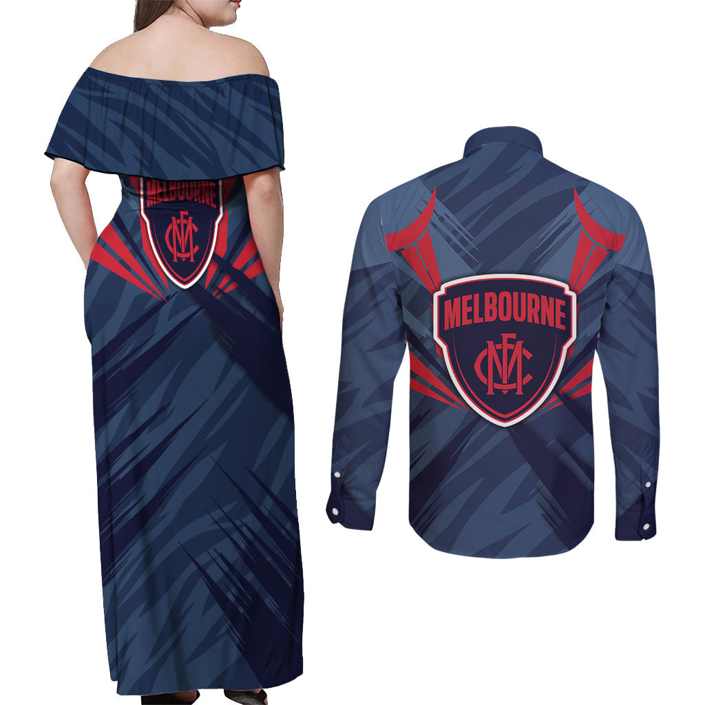 Melbourne Demons Australian Football Couples Matching Off Shoulder Maxi Dress and Long Sleeve Button Shirt Fierce Devil Mascot - Bold Team Colors