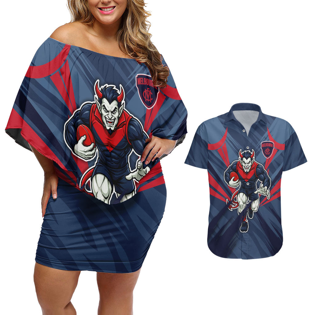 Melbourne Demons Australian Football Couples Matching Off Shoulder Short Dress and Hawaiian Shirt Fierce Devil Mascot - Bold Team Colors