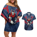 Melbourne Demons Australian Football Couples Matching Off Shoulder Short Dress and Hawaiian Shirt Fierce Devil Mascot - Bold Team Colors