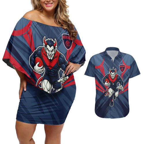 Melbourne Demons Australian Football Couples Matching Off Shoulder Short Dress and Hawaiian Shirt Fierce Devil Mascot - Bold Team Colors