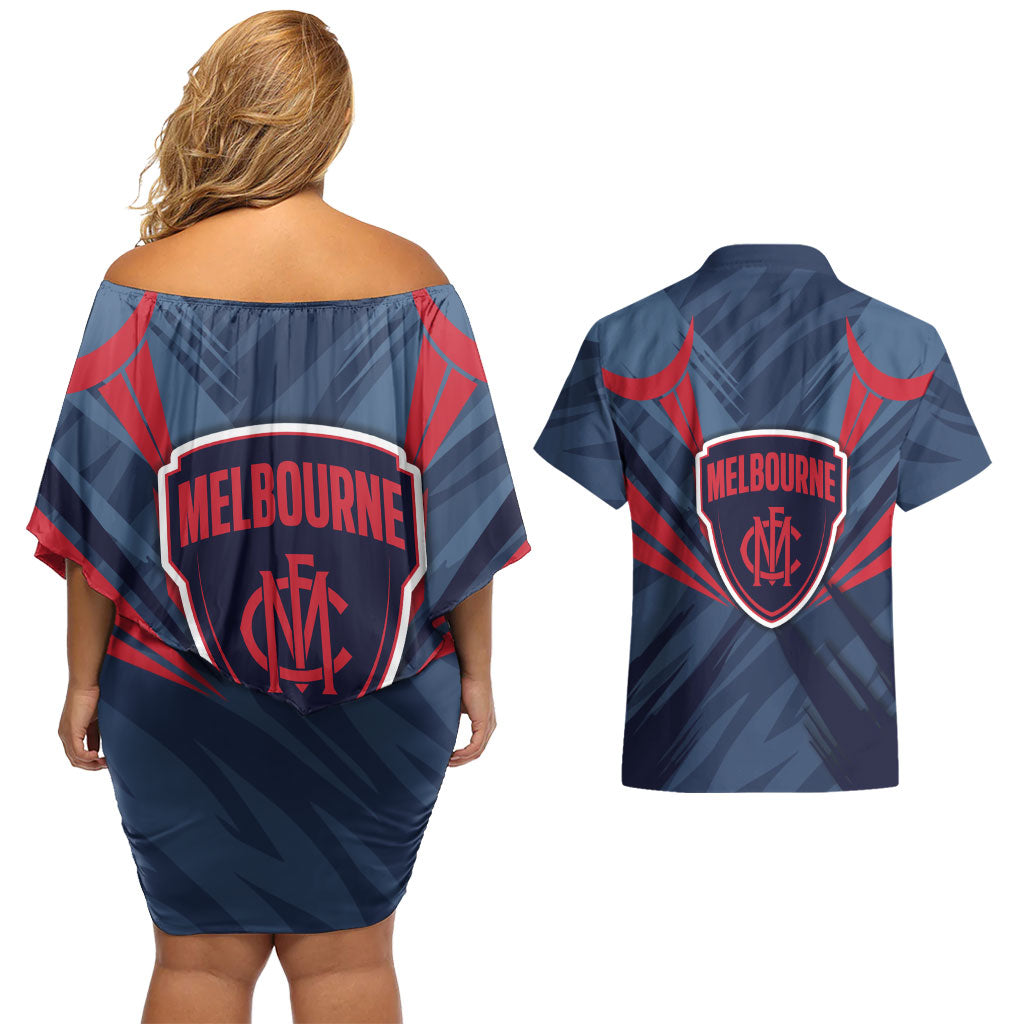 Melbourne Demons Australian Football Couples Matching Off Shoulder Short Dress and Hawaiian Shirt Fierce Devil Mascot - Bold Team Colors