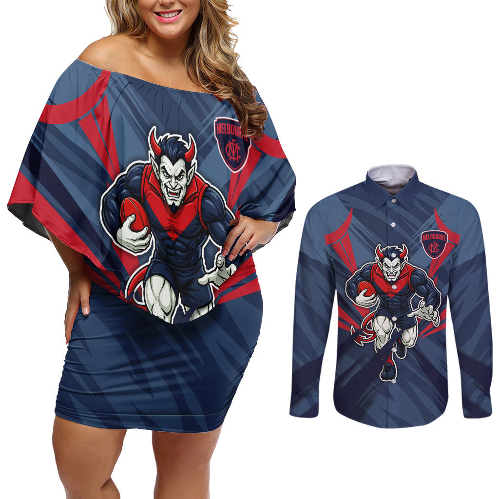 Melbourne Demons Australian Football Couples Matching Off Shoulder Short Dress and Long Sleeve Button Shirt Fierce Devil Mascot - Bold Team Colors