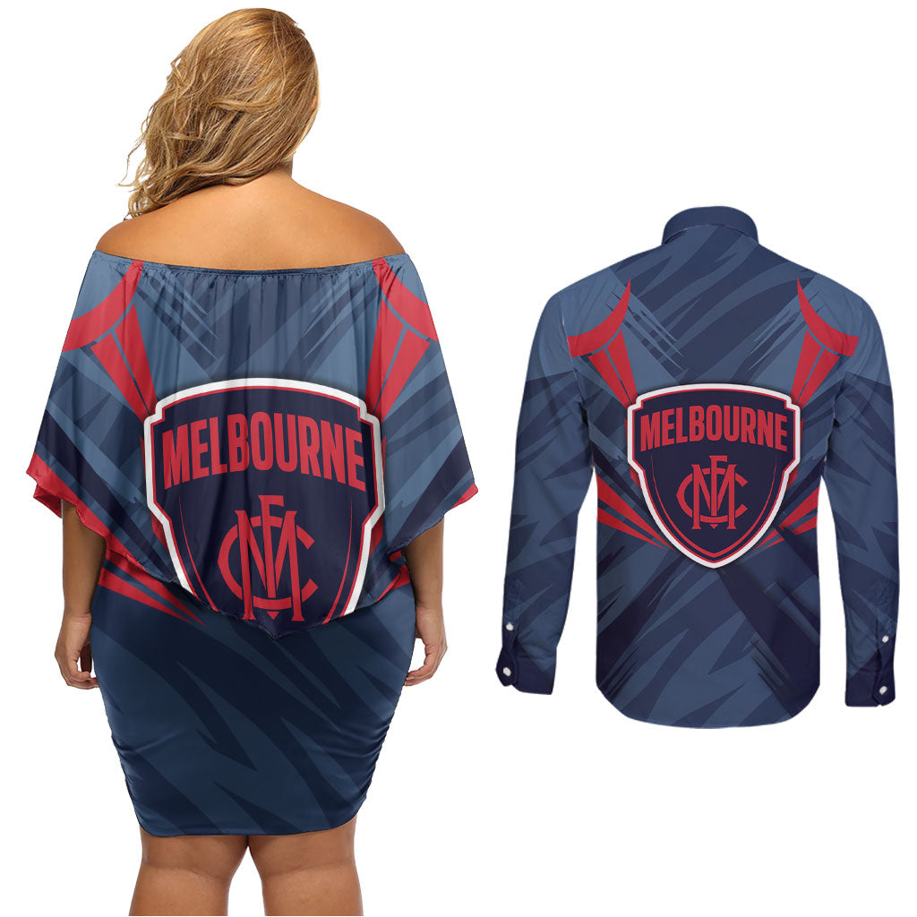 Melbourne Demons Australian Football Couples Matching Off Shoulder Short Dress and Long Sleeve Button Shirt Fierce Devil Mascot - Bold Team Colors
