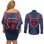 Melbourne Demons Australian Football Couples Matching Off Shoulder Short Dress and Long Sleeve Button Shirt Fierce Devil Mascot - Bold Team Colors