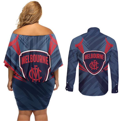 Melbourne Demons Australian Football Couples Matching Off Shoulder Short Dress and Long Sleeve Button Shirt Fierce Devil Mascot - Bold Team Colors