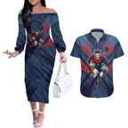 Melbourne Demons Australian Football Couples Matching Off The Shoulder Long Sleeve Dress and Hawaiian Shirt Fierce Devil Mascot - Bold Team Colors