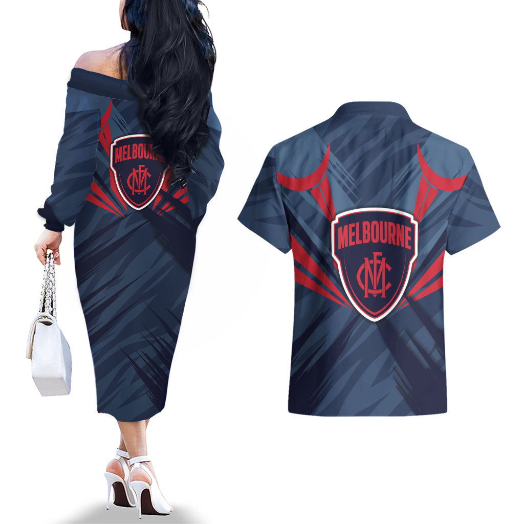 Melbourne Demons Australian Football Couples Matching Off The Shoulder Long Sleeve Dress and Hawaiian Shirt Fierce Devil Mascot - Bold Team Colors