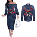 Melbourne Demons Australian Football Couples Matching Off The Shoulder Long Sleeve Dress and Long Sleeve Button Shirt Fierce Devil Mascot - Bold Team Colors