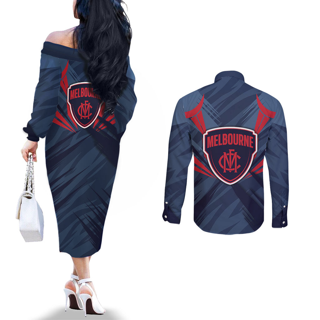 Melbourne Demons Australian Football Couples Matching Off The Shoulder Long Sleeve Dress and Long Sleeve Button Shirt Fierce Devil Mascot - Bold Team Colors