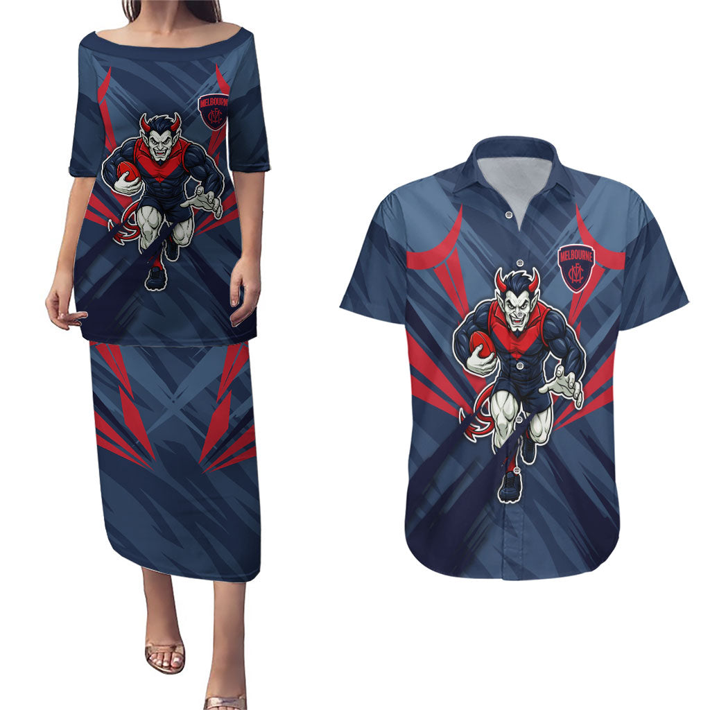 Melbourne Demons Australian Football Couples Matching Puletasi and Hawaiian Shirt Fierce Devil Mascot - Bold Team Colors