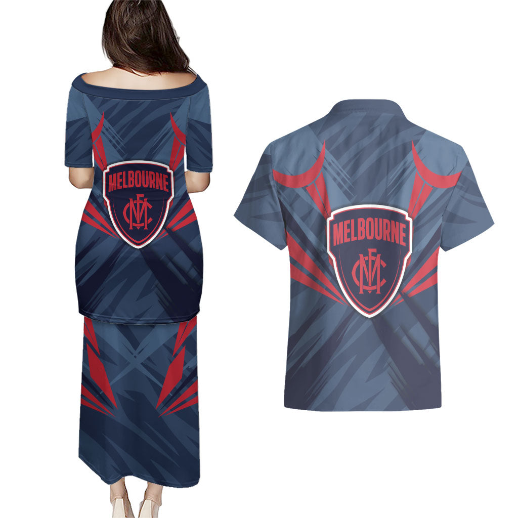 Melbourne Demons Australian Football Couples Matching Puletasi and Hawaiian Shirt Fierce Devil Mascot - Bold Team Colors