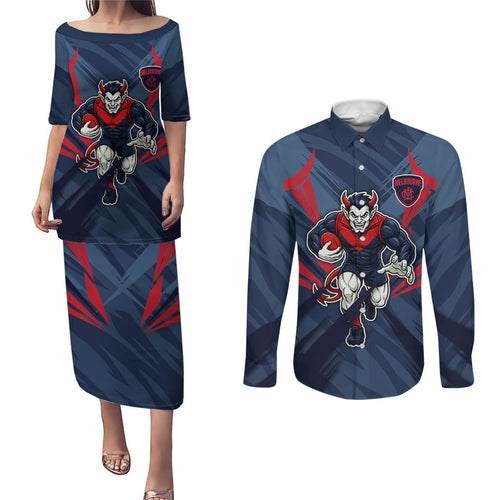 Melbourne Demons Australian Football Couples Matching Puletasi and Long Sleeve Button Shirt Fierce Devil Mascot - Bold Team Colors